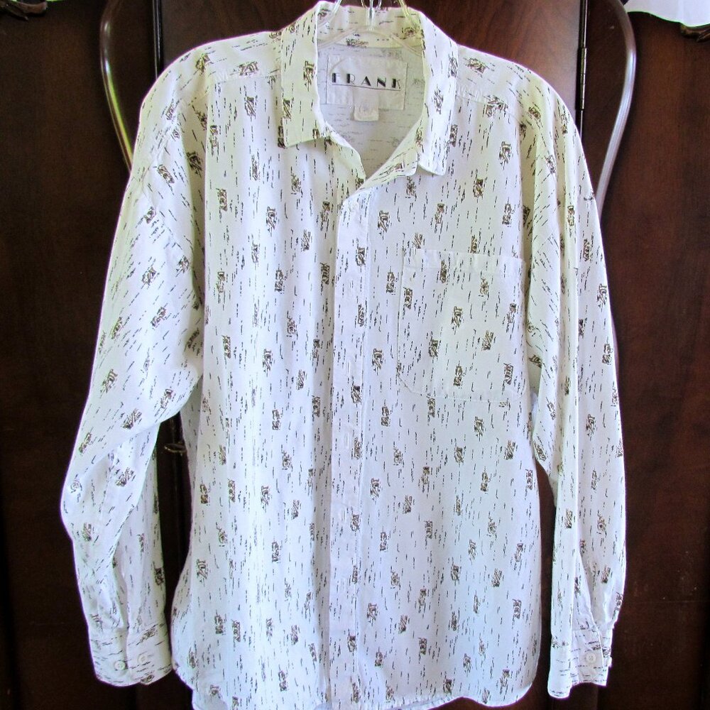 Y2K TEEN SHIRT, M-L, YOUNG MEN'S 1980-90 WHITE LONG SLEEVE COTTON PRINT w COLLAR